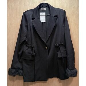 She + Sky Black Wrap Coat Faux Fur Cuff Accent New